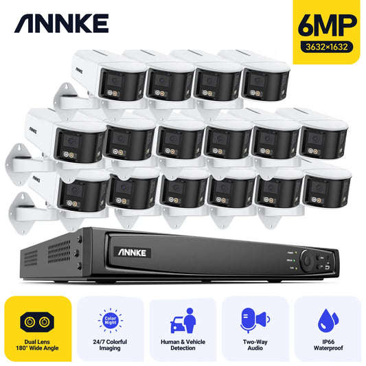 ANNKE 16CH NVR Dual Lens Wifi IP Camera Full Color Night Vision 180 Degree Security Camera 6MP Video