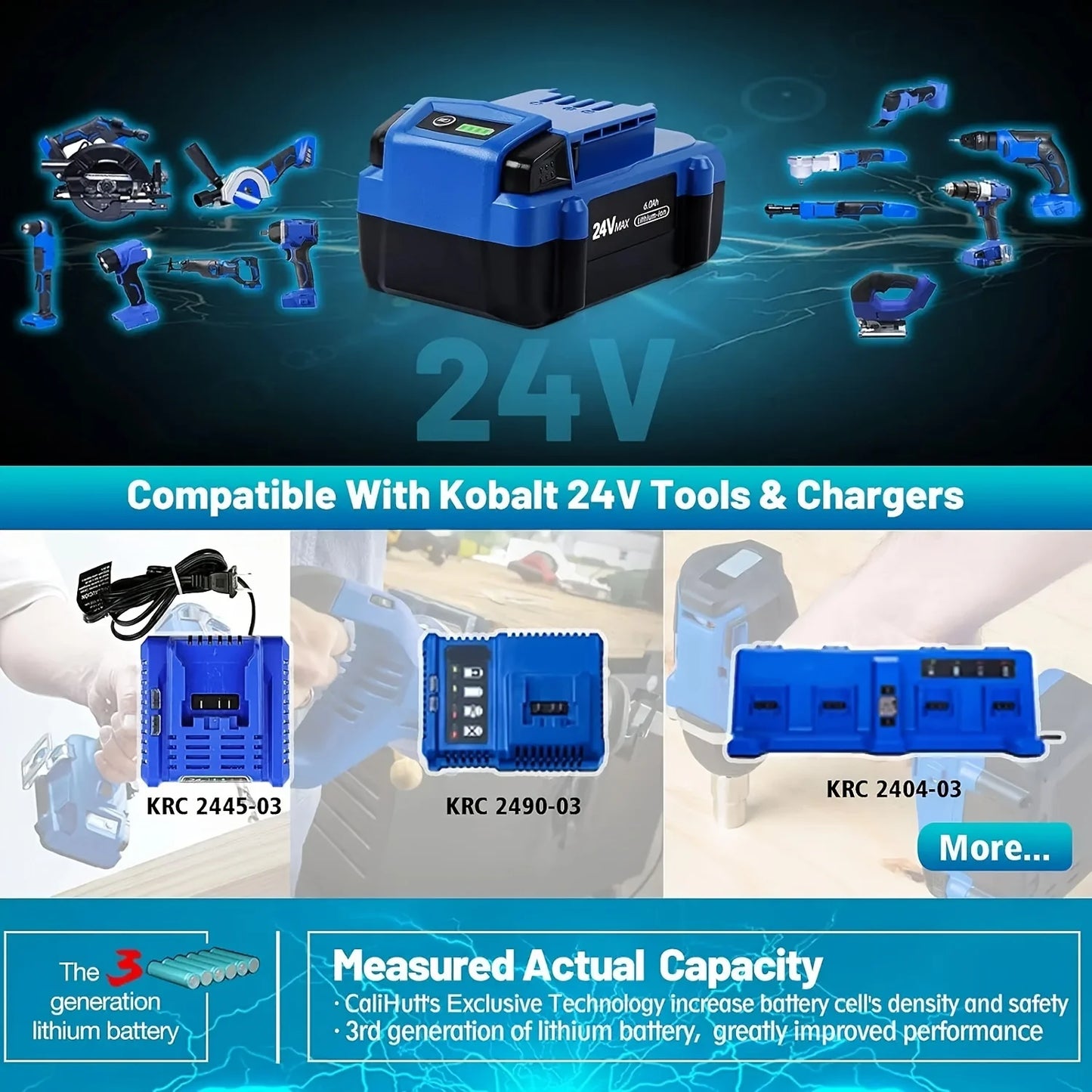 1Pack 6.0Ah Replace Battery For Kobalt 24V Battery Max KB624-03 Lithium Ion Cordless Tools Battery