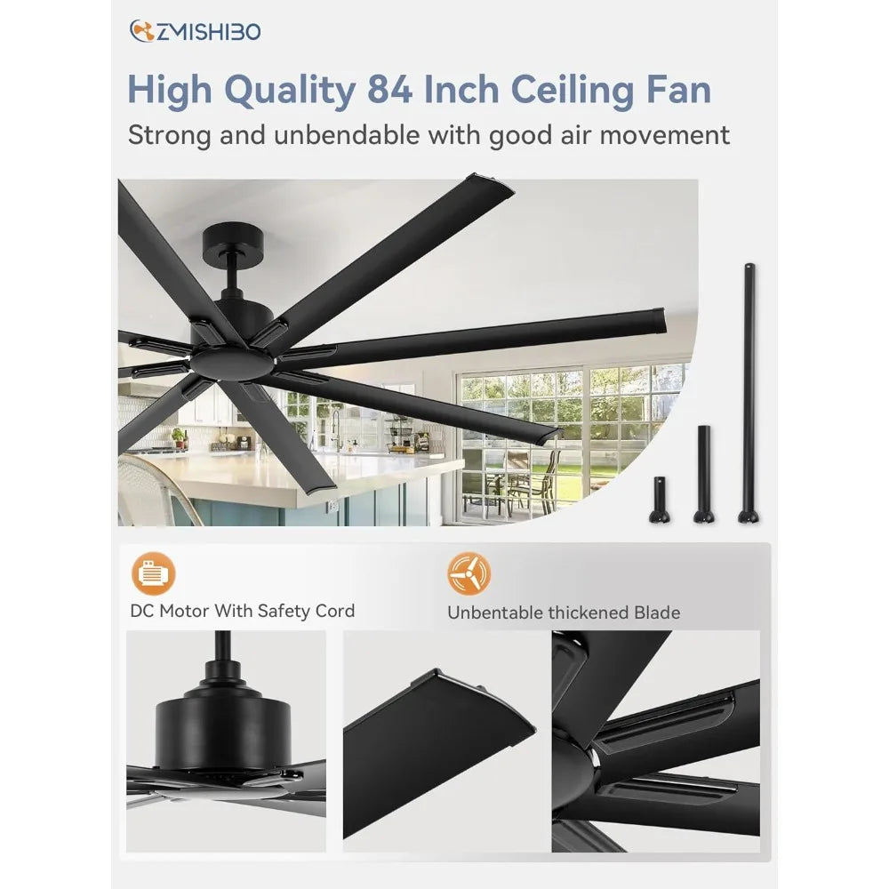 84 inch industrial DC motor ceiling fan, large ceiling fan with 8 reversible blades,6-speed remote