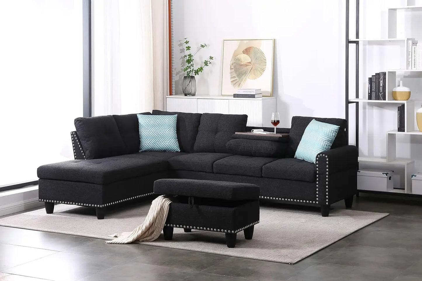 Faux Leather Sectional Sofa with Removable Storage Ottoman,L-Shape Upholstered 6 Seater Couch