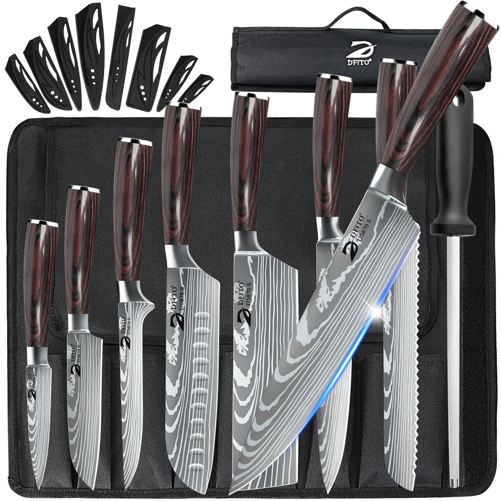 8pcs Kitchen Knife Damascus Stainless Steel Chef Knife / Santoku Knives With Nylon Bag