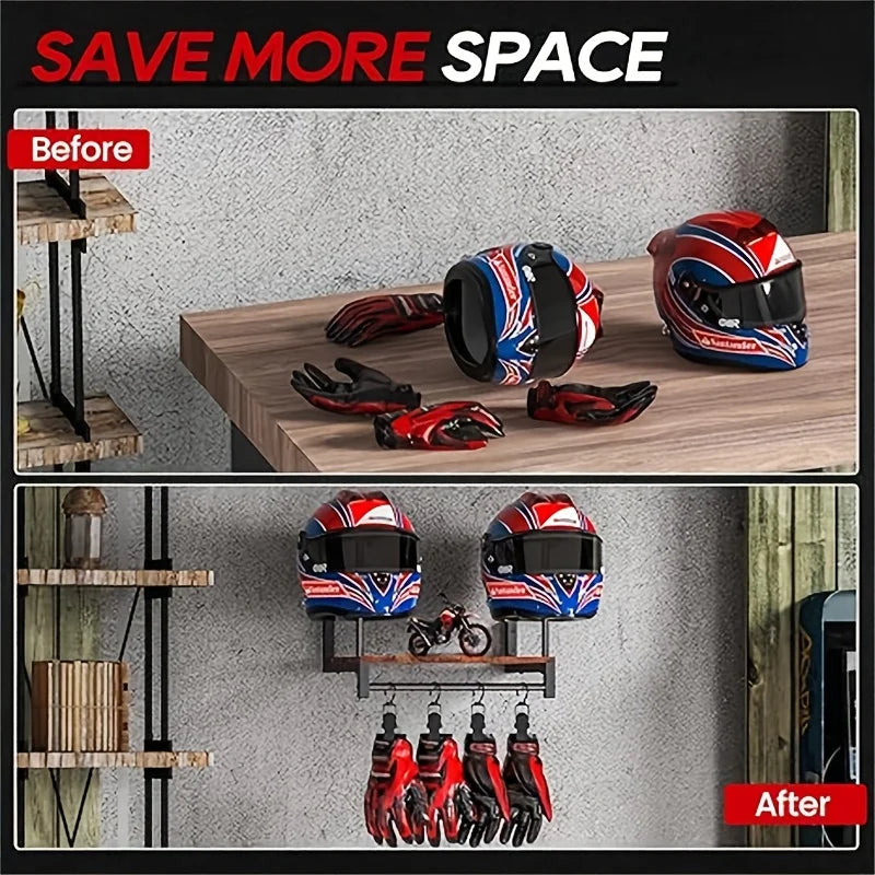 Motorcycle Helmet Wall Mount With Wooden Shelf Hooks Motocross And Bicycle Equipment Sports Brackets
