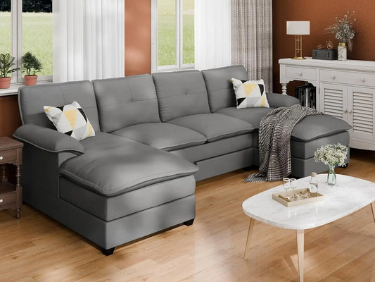 SUNLEI 110" U-Shaped Living Room Furniture Set, 4 Seat Sectional Sofa with Double Chaise, Light Grey