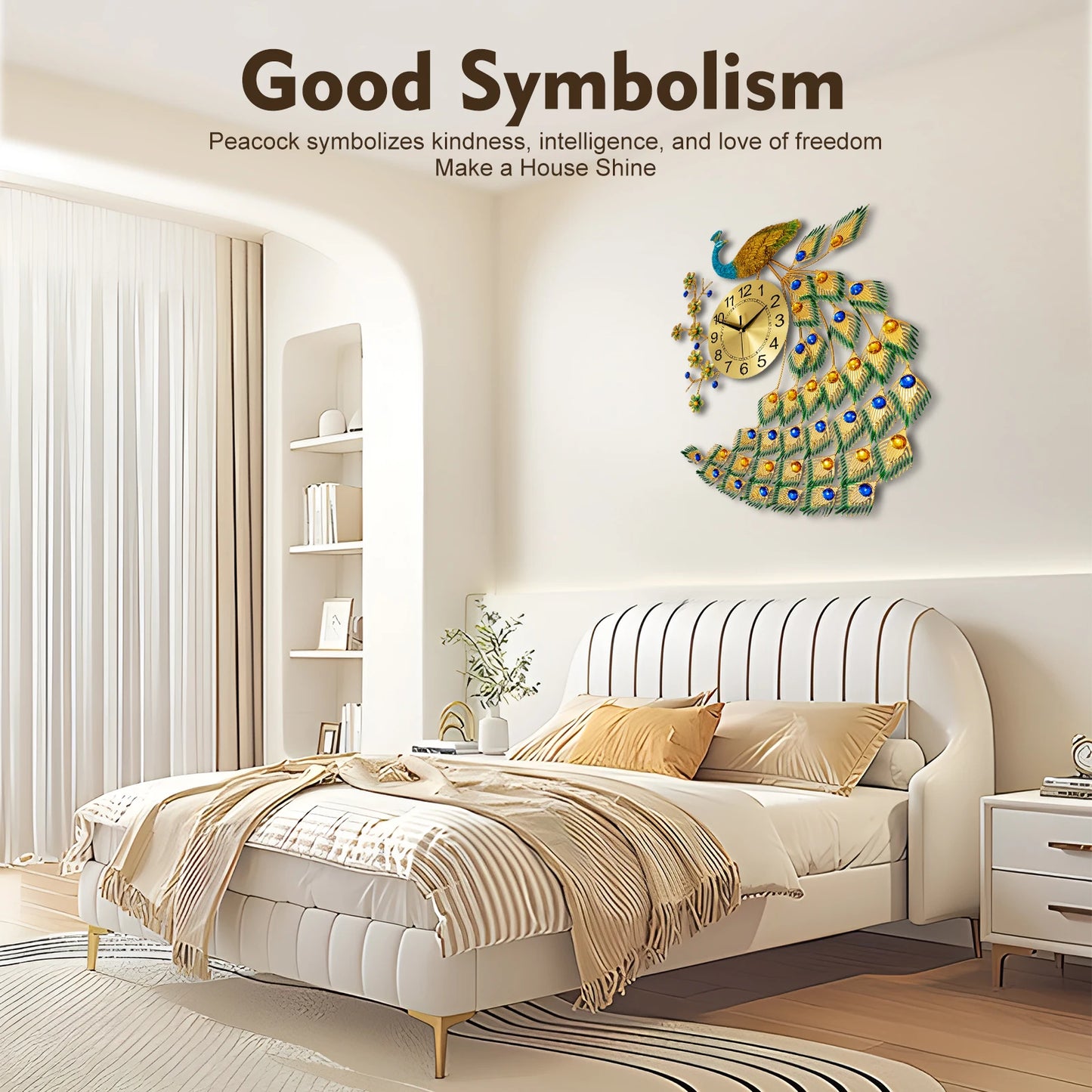 Peacock Wall Clock, Modern Gold & Blue Design, 65*75cm Size, Wall-Mounted Analog Clock with Numbers