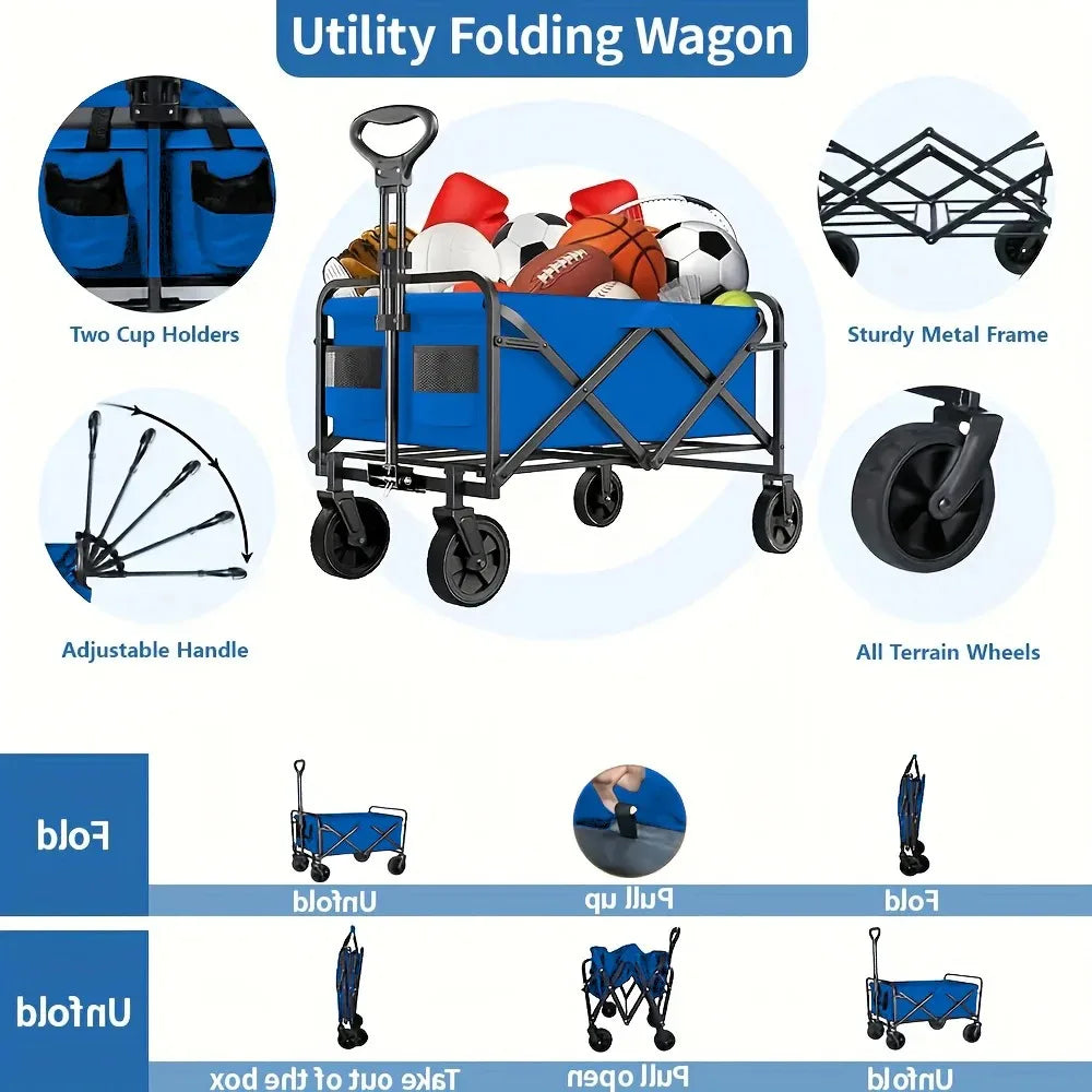Wagon Cart Foldable Heavy Duty Utility Cart for Groceries, Sports, Gardening, Shopping