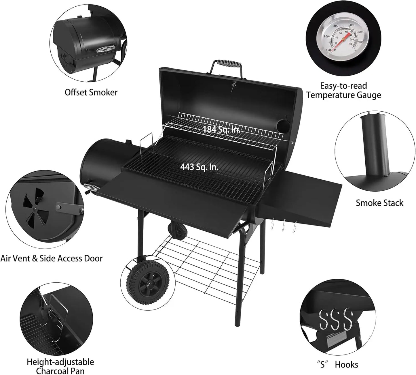 Royal Gourmet CC1830SC Charcoal Grill Offset Smoker w/Cover, 811 Square Inches, Black