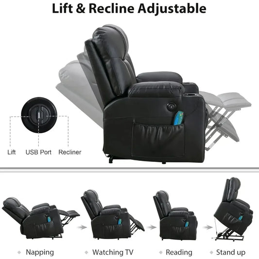 26" Extra Wide Lift Recliner Chair w/ Heat and Massage, Faux Leather Power Lift Chair Massage Chair