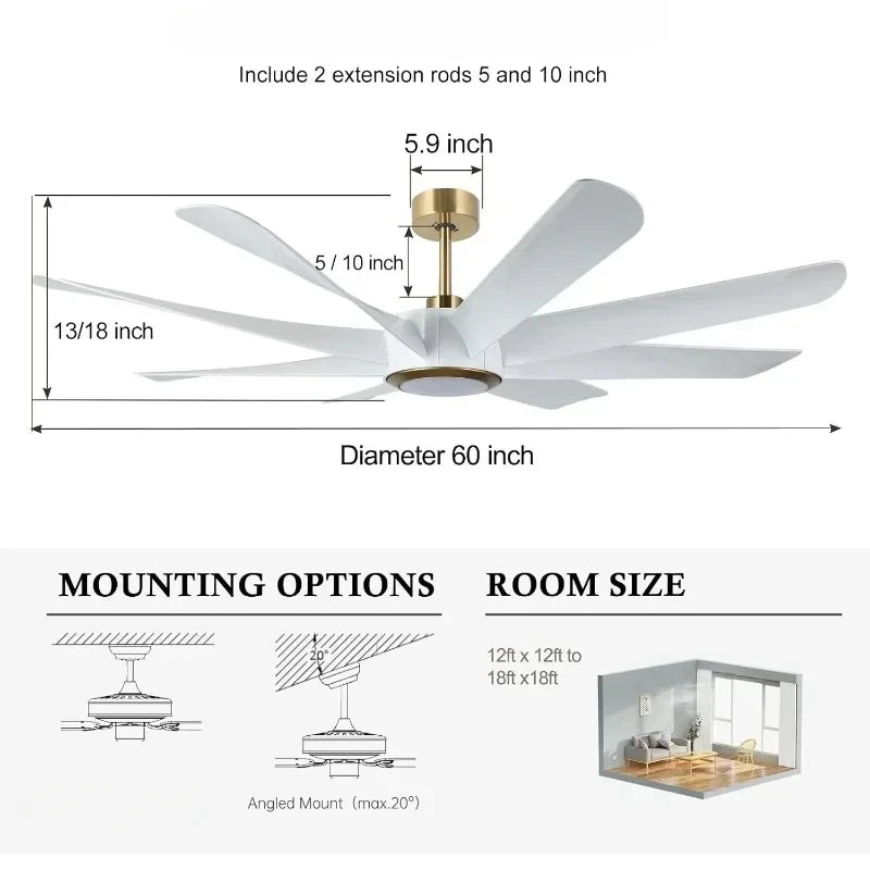 Ceiling Fan Remote Control High CFM Quiet DC Motor Large Modern Smart with Dimmable Light