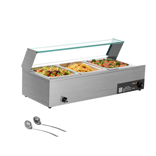 SucceBuy Commercial Food Warmer Electric Stainless Steel Steam Food Warmer with Glass Cover 3-Pan
