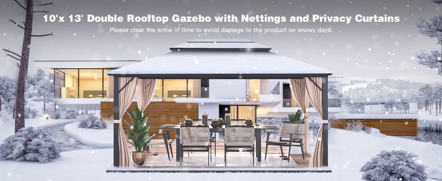 10'x13' Hardtop Gazebo, Outdoor Polycarbonate Double Roof Canopy, Aluminum Frame Permanent Pavilion