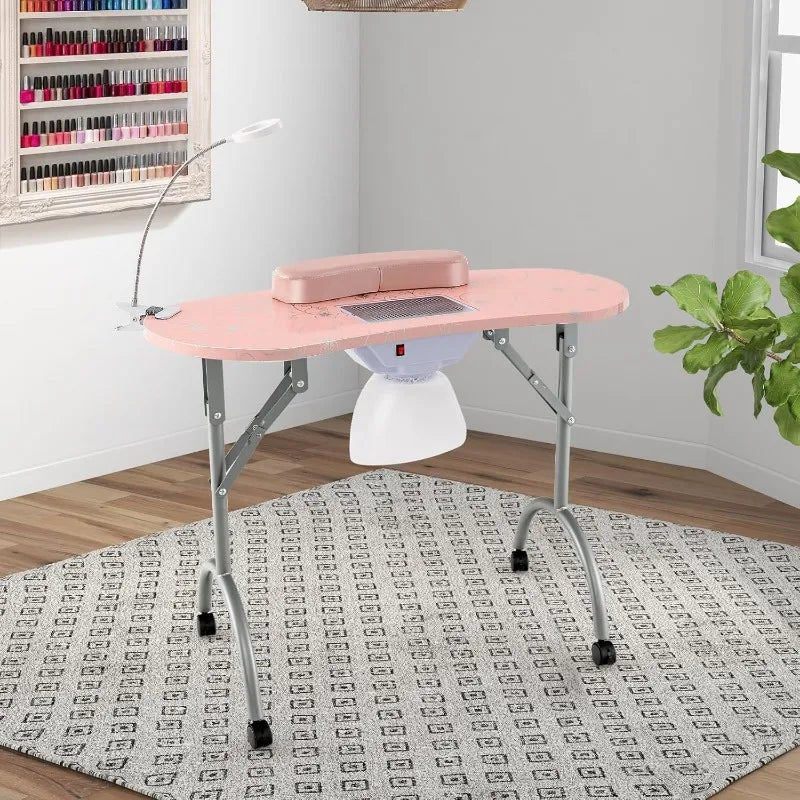 Portable Nail Table, Foldable Nail Technician Desk w/Electric Dust Collector, Bendable LED Lamp