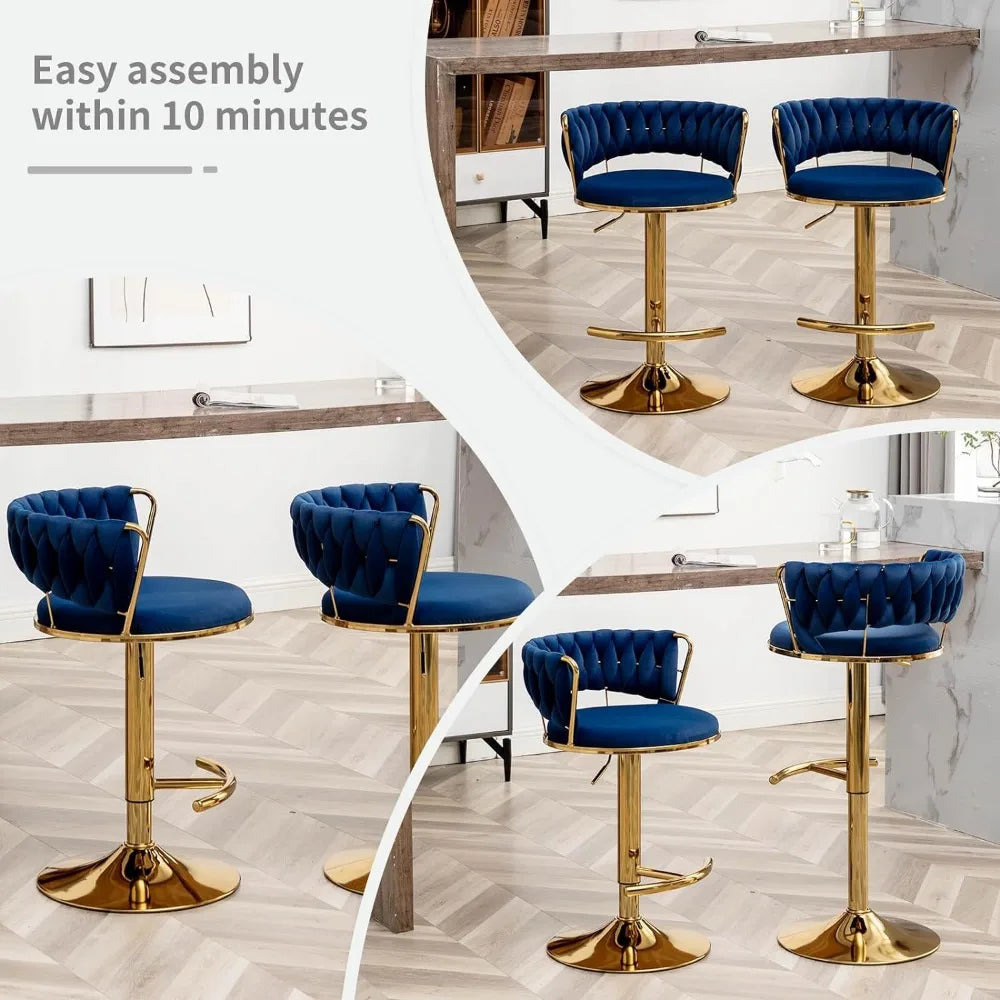 Gold Bar 4 Stools, Counter Height Bar Stools w/Low Back, Velvet Adjustable Height Barstool 360°