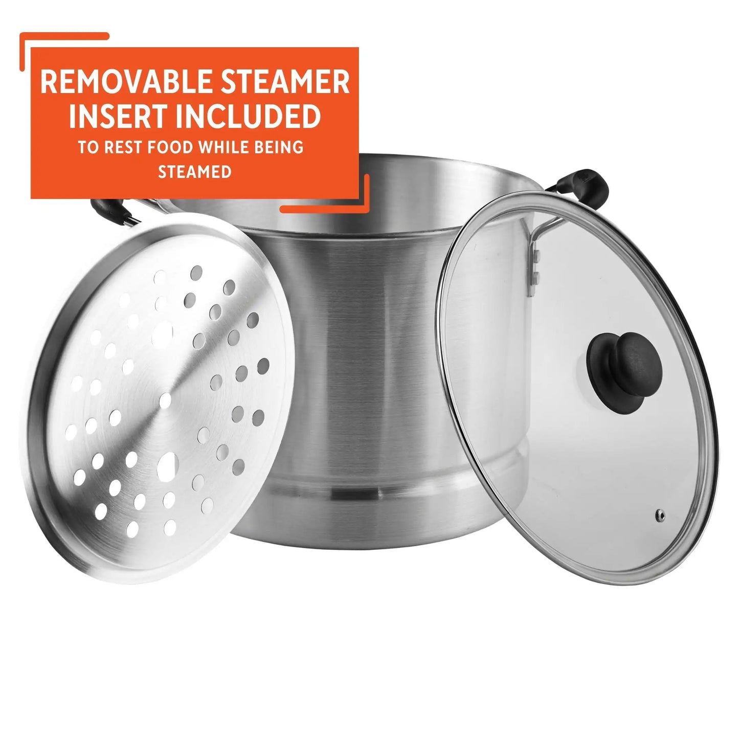 10Qt Aluminum Steamer or Stock Pot with Glass Lid & Removable Rack