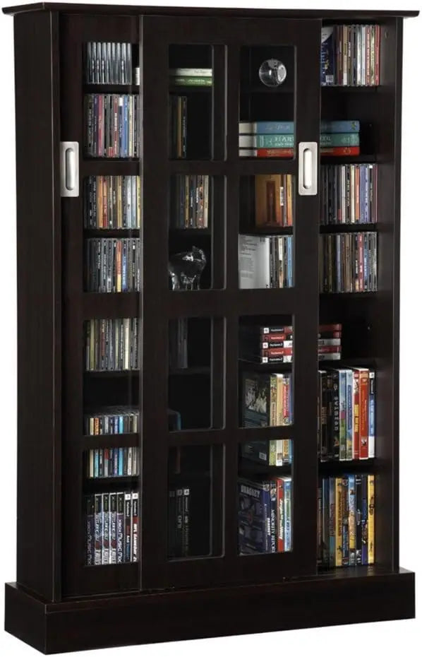 Windowpane Media Storage Cabinet with Tempered Glass Pane Styled Sliding Doors, Holds CD/DVD/Blu-ray