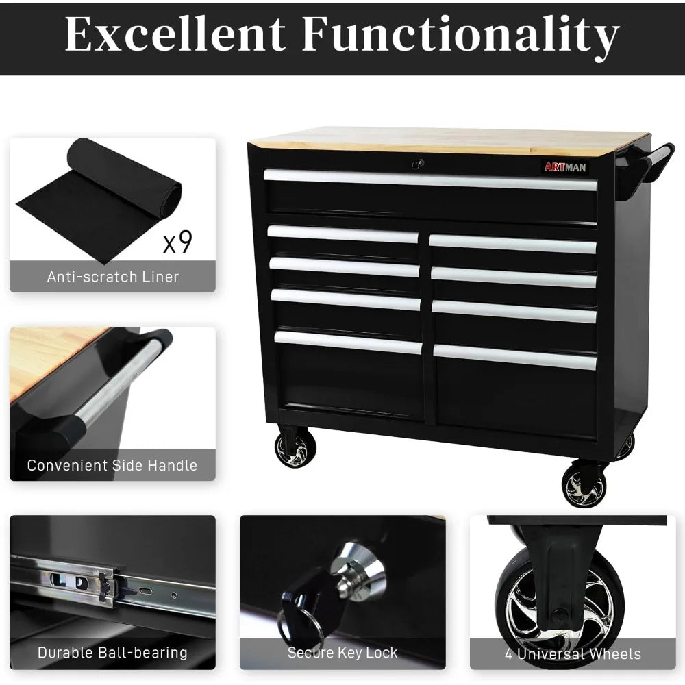 Heavy Duty Rolling Chest with 9-Drawer Wood Top Tool Cart Mechanic Tool Box with Wheels Tool Storage