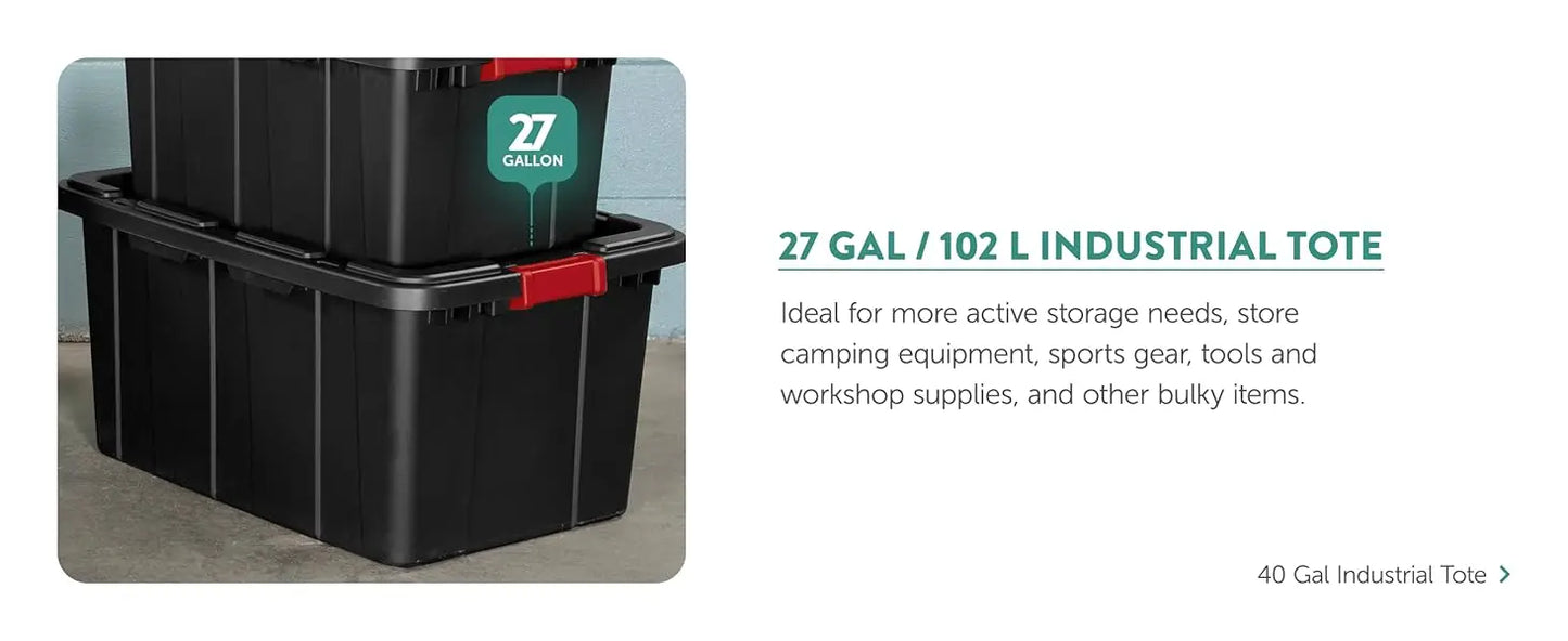 6 Pack Hinged Lid Industrial Totes, 12 Gal Stackable Storage Bins, Black/Red Lid