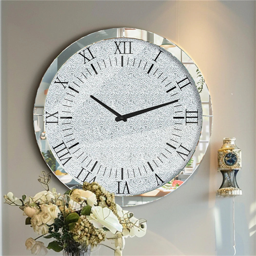 60 CM Crushed Diamond Wall Clock Roman Numerals Clock Quartz with Crystal Diamond Edge