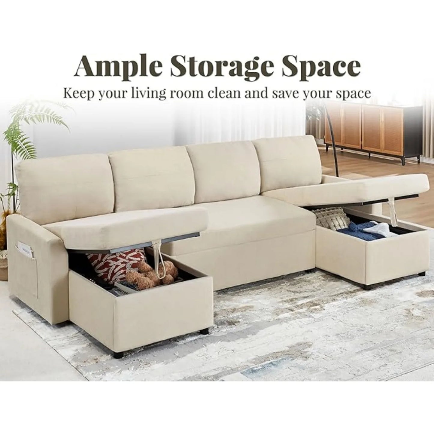 Sleeper Sofa, 110 in Oversize - 2 in 1 Pull Out Bed, Sectional Sleeper Sofa w/ Double Storage