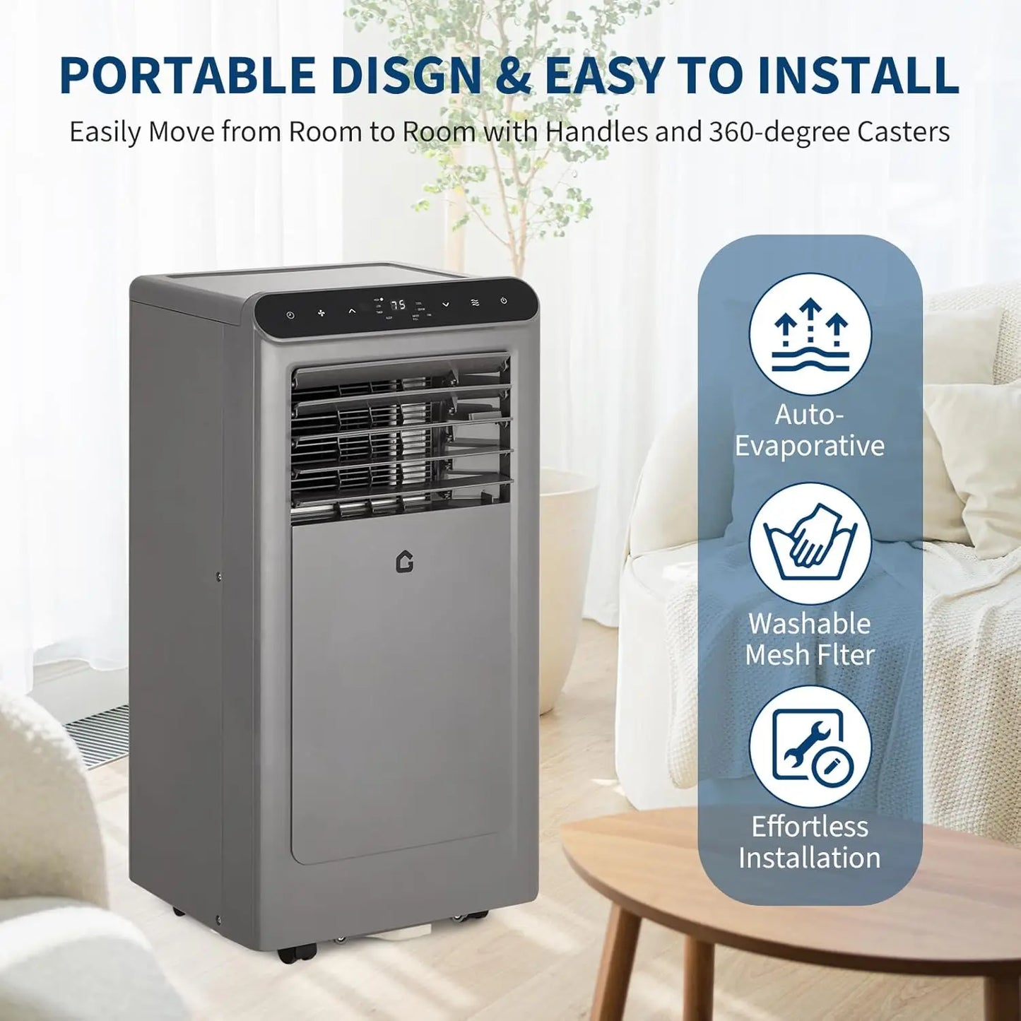 8000BTU Portable Air Conditioner 3-in-1 Cooling/Dehumidifier & Fan, Cools 350 Sq.Ft, Quiet w/Remote