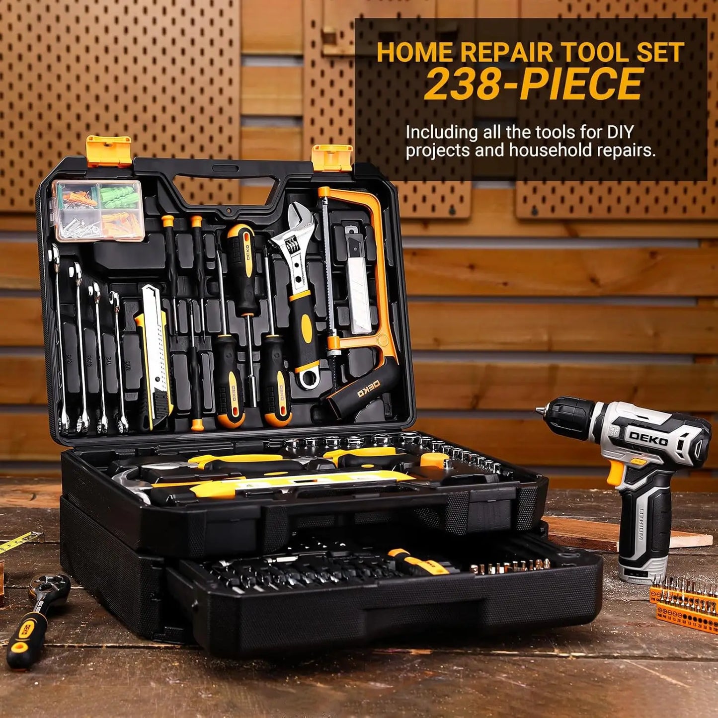 Kit Box Drill Set：Home Mechanic Toolbox with 12V Power Cordless Drill Hand Repair & Storage