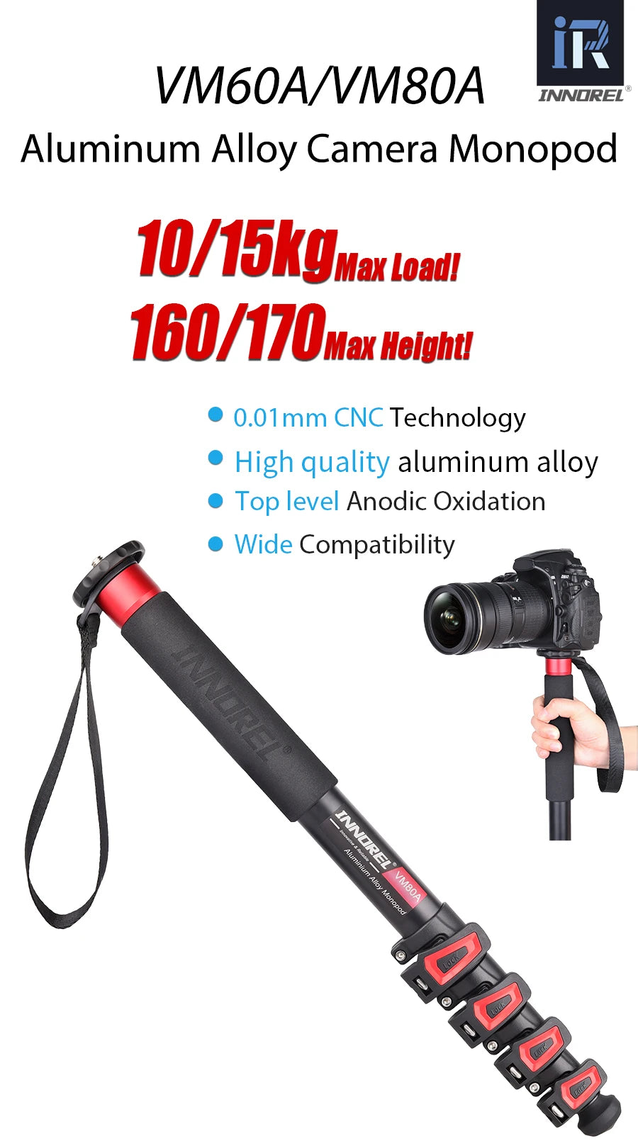 INNOREL VM60A/VM80A Aluminum Alloy Camera Monopod 170cm Video Stand for Canon Nikon GoPro DSLR