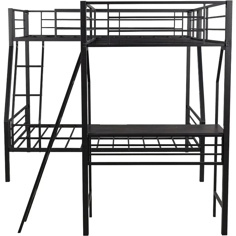 Metal Triple Bunk Beds, Twin Over Full Bunk Bed Attached Twin Loft Bed with Desk, L-Shape Triple Bed