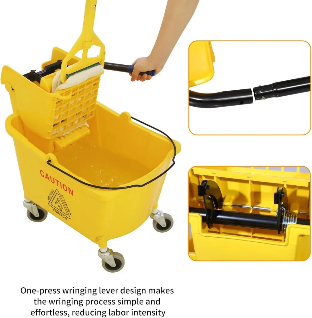 35 Quart Commercial Mop Bucket with Side Press Wringer, Yellow, Includes Mop for Floor Cleaning