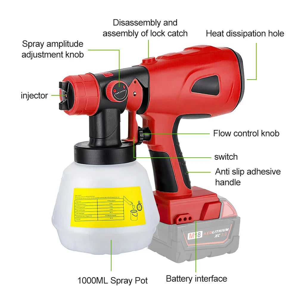 1000ML Cordless Electric Spray Gun Paint Sprayer Auto Airbrush Power Tool/Milwaukee 18V-20V Battery