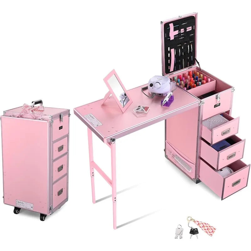 Rolling Manicure Table Foldable Nail Table Makeup Train Case with Desk Cosmetic Trolley