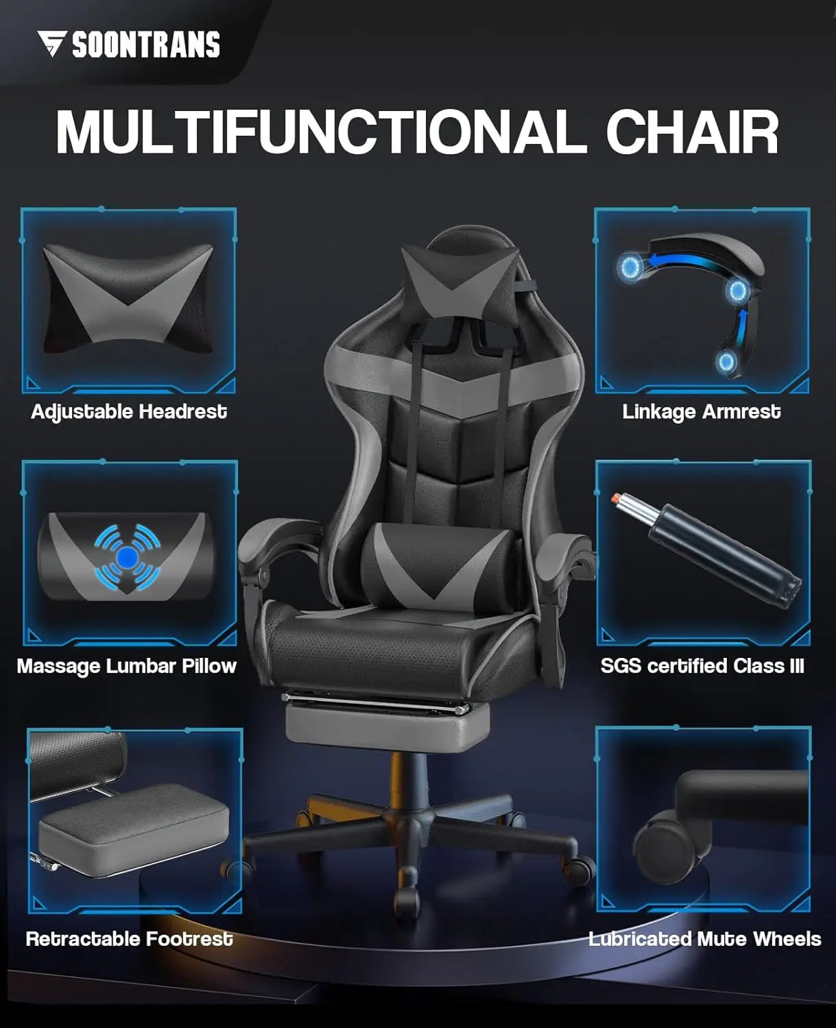 Grey Gaming Chairs with Footrest,Ergonomic Computer Game Chair, Gamer Chair with Lumbar Pillow