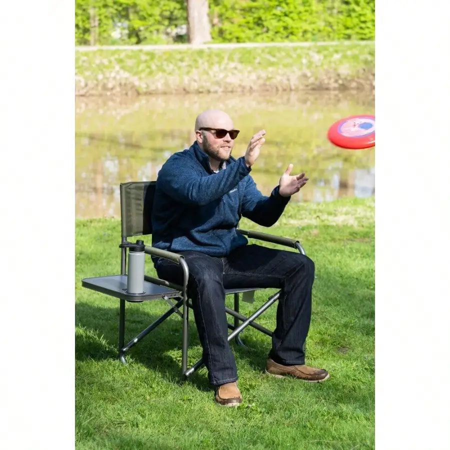 Oversized Director Chair with Side Table, Outdoor, Adult, Green Fabric Camping Chair, Green