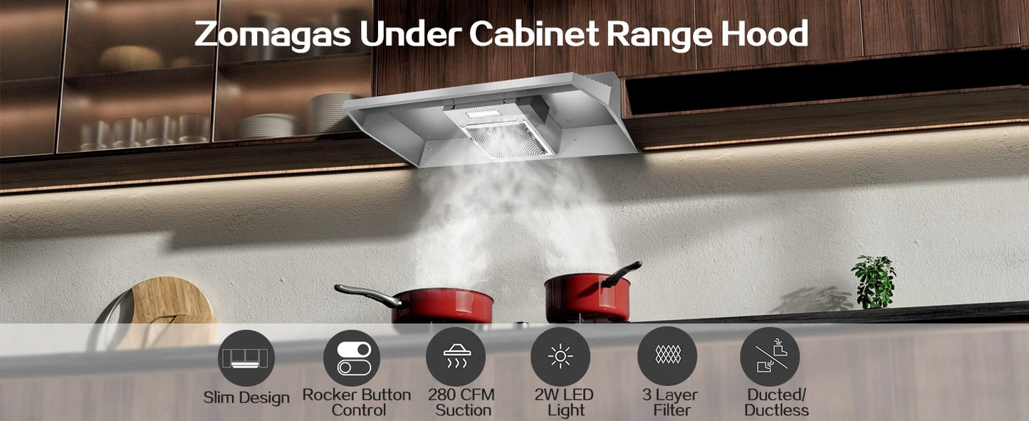 24 inch Under Cabinet 280CFM Black Ducted/Ductless Kitchen Stove Vent with 2 Speed Fan LED Bulb