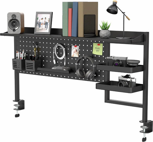 Steel Clamp On Desk Pegboard System, Multi Purpose Office Organizer Rack,  Workspace Storage Shelf