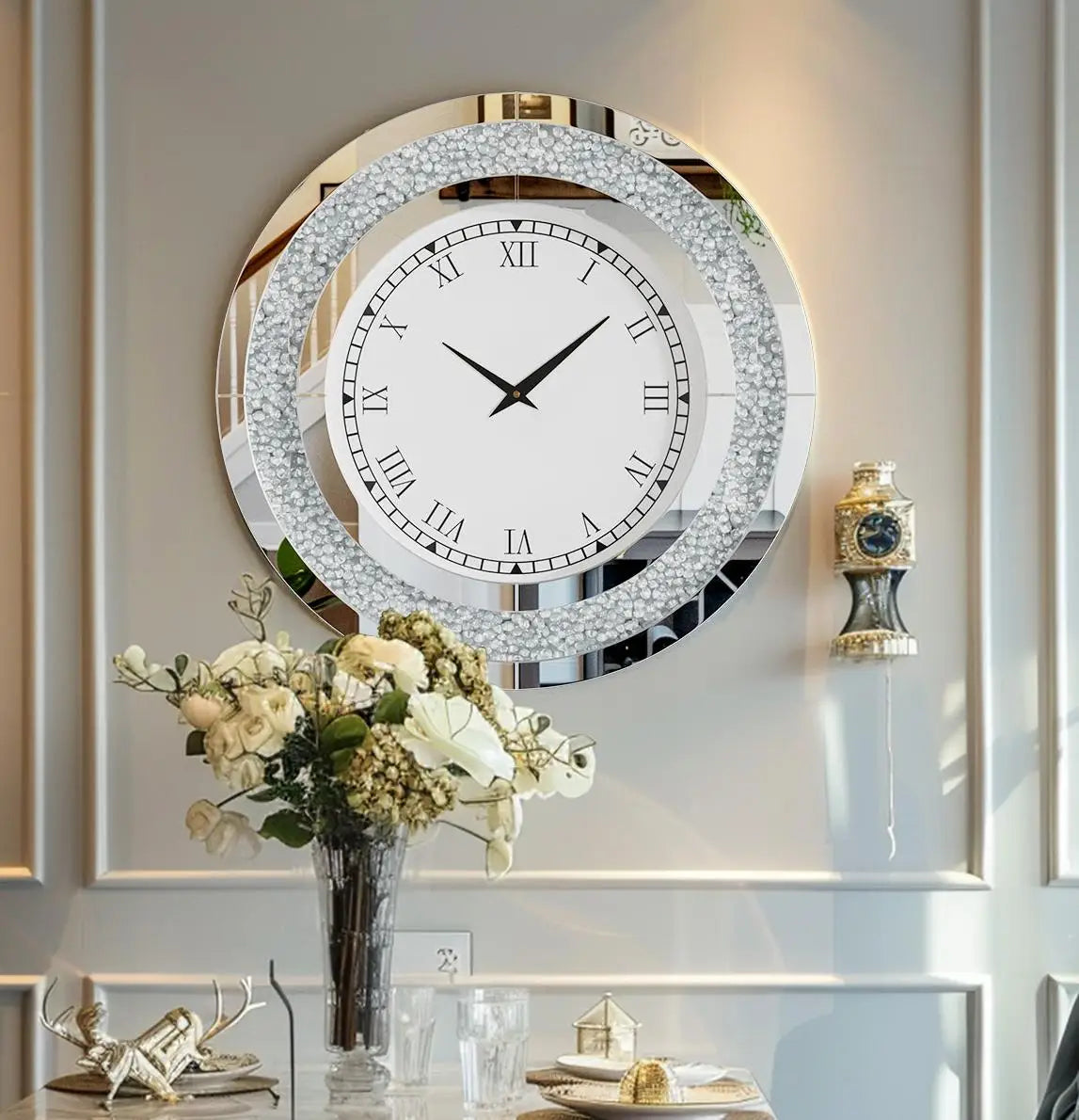 60/80CM Bling Silver Round Mirror Clock Glam Sparkle Twinkle Shining Mirrored Wall Clock