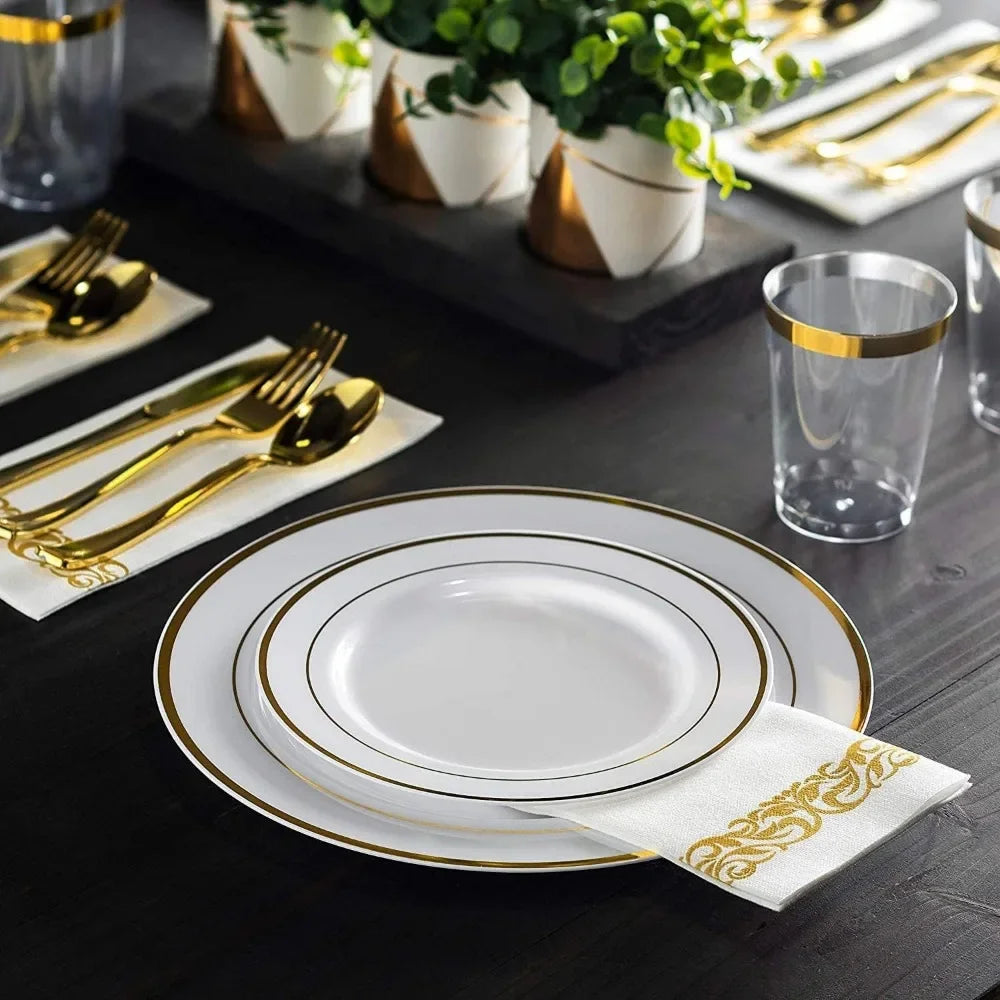 700 Piece Golds Dinnerware Set - 200 Gold Rim Plates - 300 Golds Silverware - 100 Gold Plastic Cups