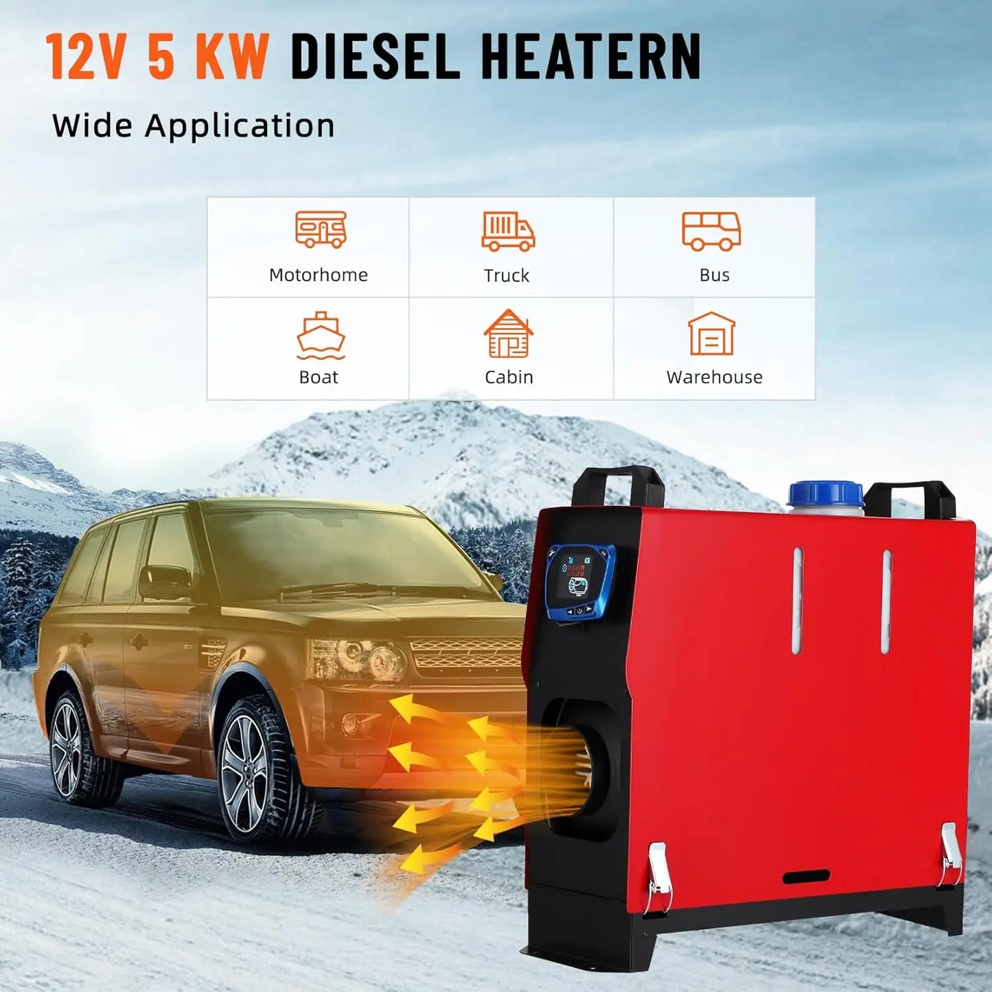 5KW 12V Portable Diesel Heater, All-in-One Diesel Air Heater with Remote Control & LCD Monitor