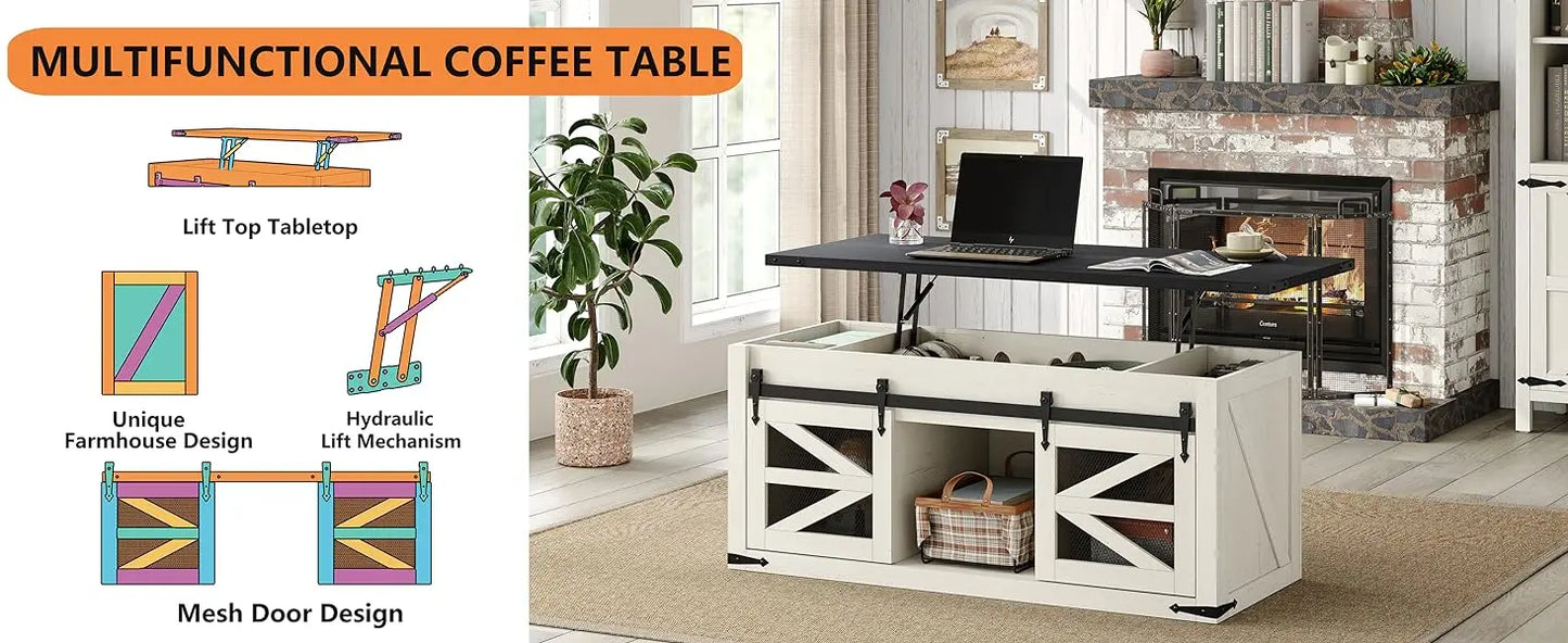 47.3FT Lift Top Coffee Table w/Barn Door, Center Table w/Storage, Modern Antique Rectangular