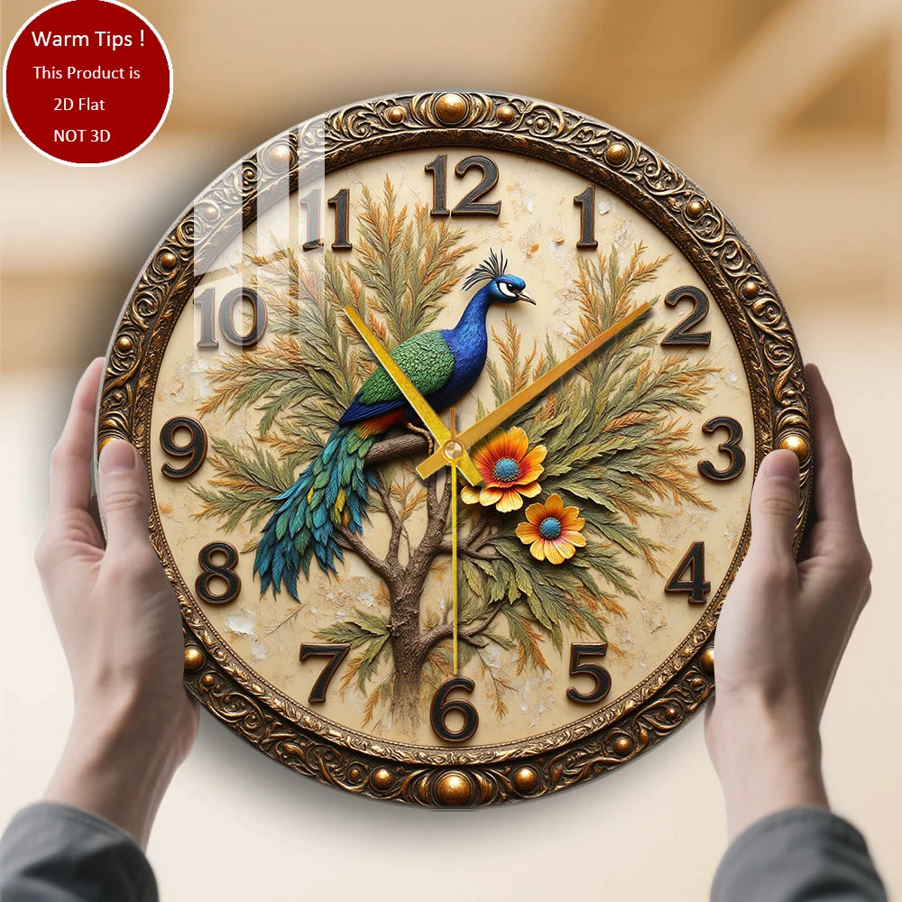 Tempered Glass Wall Clock Peacock Perching On Tree Branch With Flowers