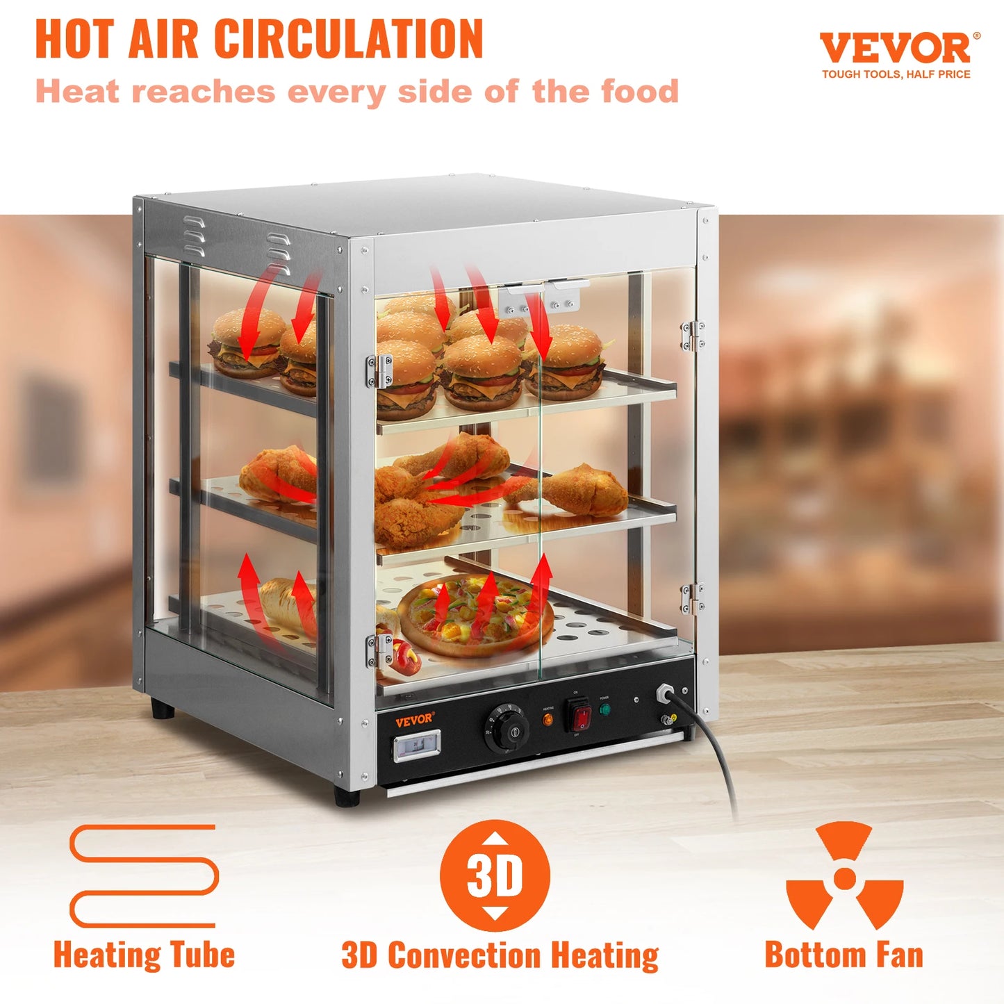 VEVOR 2/3 Tiers Countertop Food Warmer Commercial 3D Heating Pizza Pastry Warmer with Temp Knob