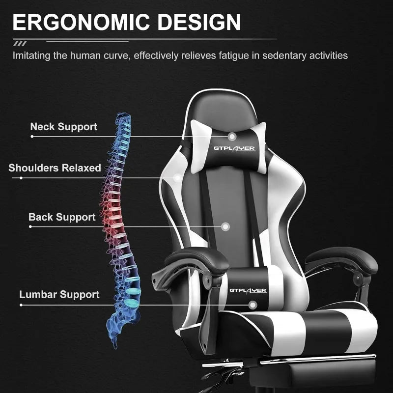 GTPLAYER Gaming Computer Chair w/Footrest and Lumbar Support, Height Adjustable Game Chair w/ 360°