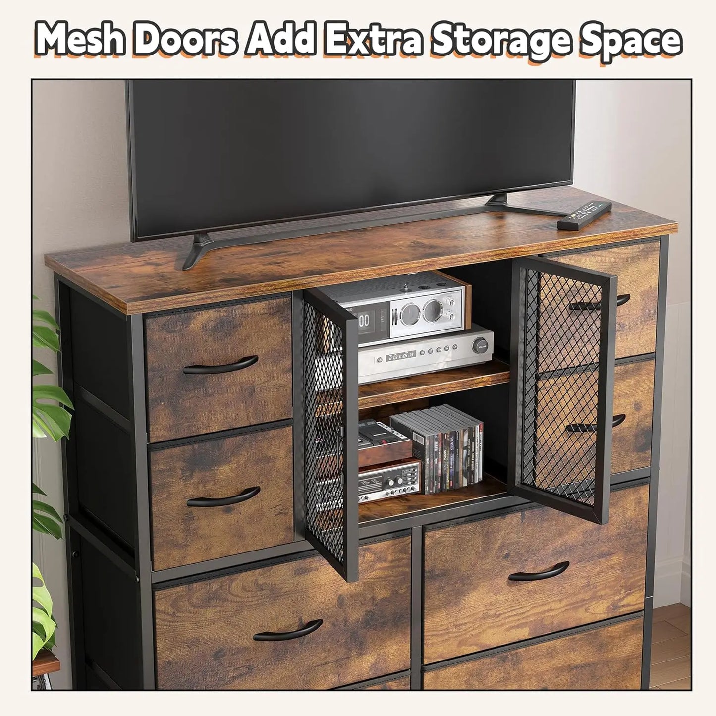 Dresser for Bedroom with Mesh Door Tall Dressers & Chests of Drawers w/10 Fabric Drawer Modern