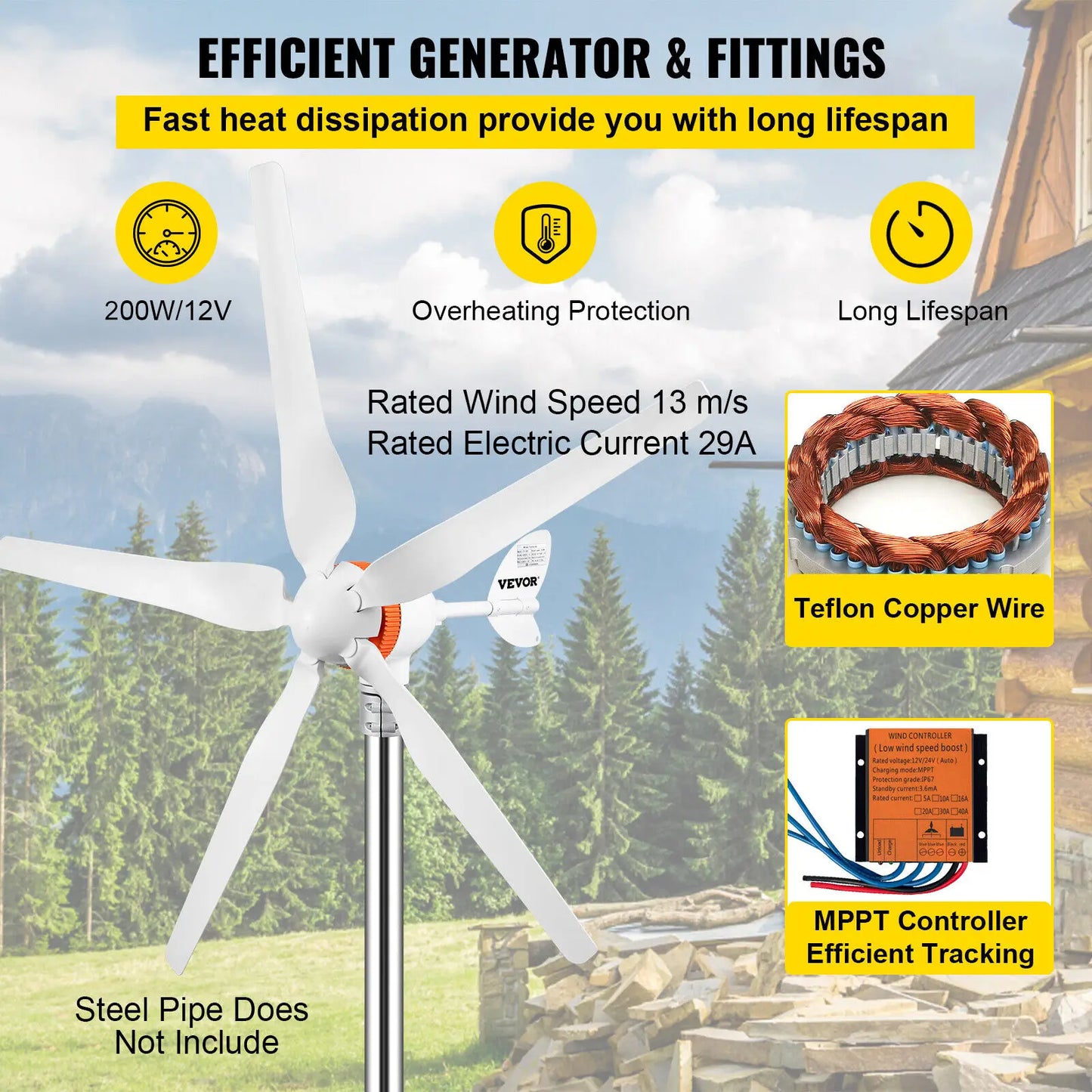 VEVOR Wind Turbine Generator 500W 5 Blades W/MPPT Controller Windmill RV Yacht Farm Wind Generator