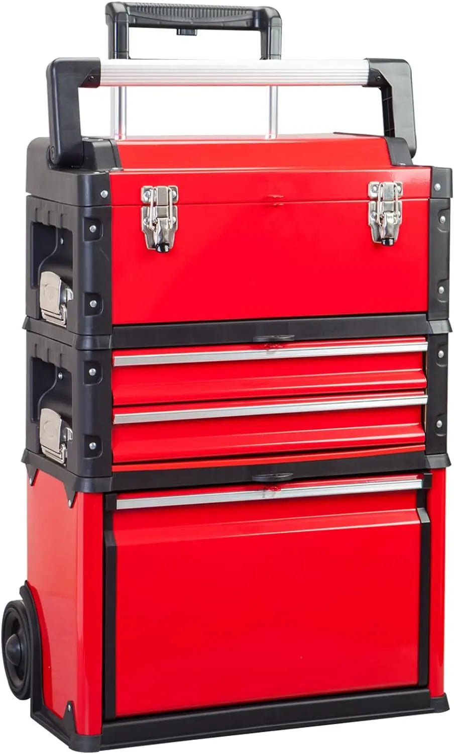 BIG RED Stackable Portable Metal Tool box Organizer w/Wheels and 2 Drawers, Rolling Tool Chest