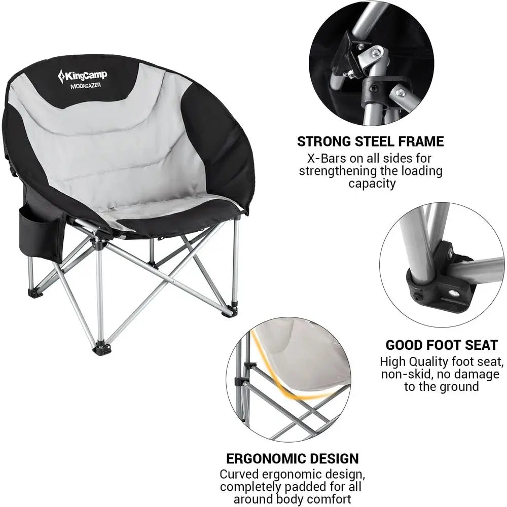 Oversized Cushioned Moon Saucer Folding Camping Chairs with Cup Holders (Black, Set of 2)