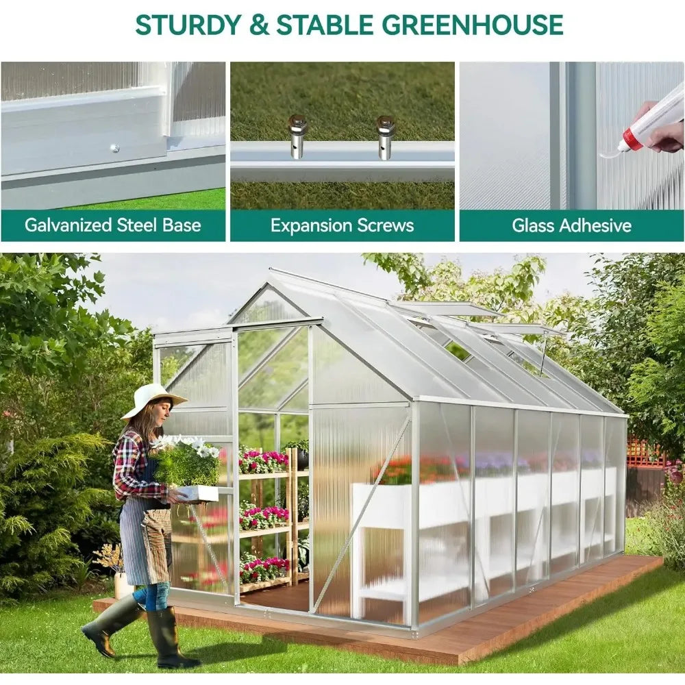 6/8/10/12FT Polycarbonate Greenhouse Large Heavy Duty Green Houses Outdoor Aluminum Greenhouses