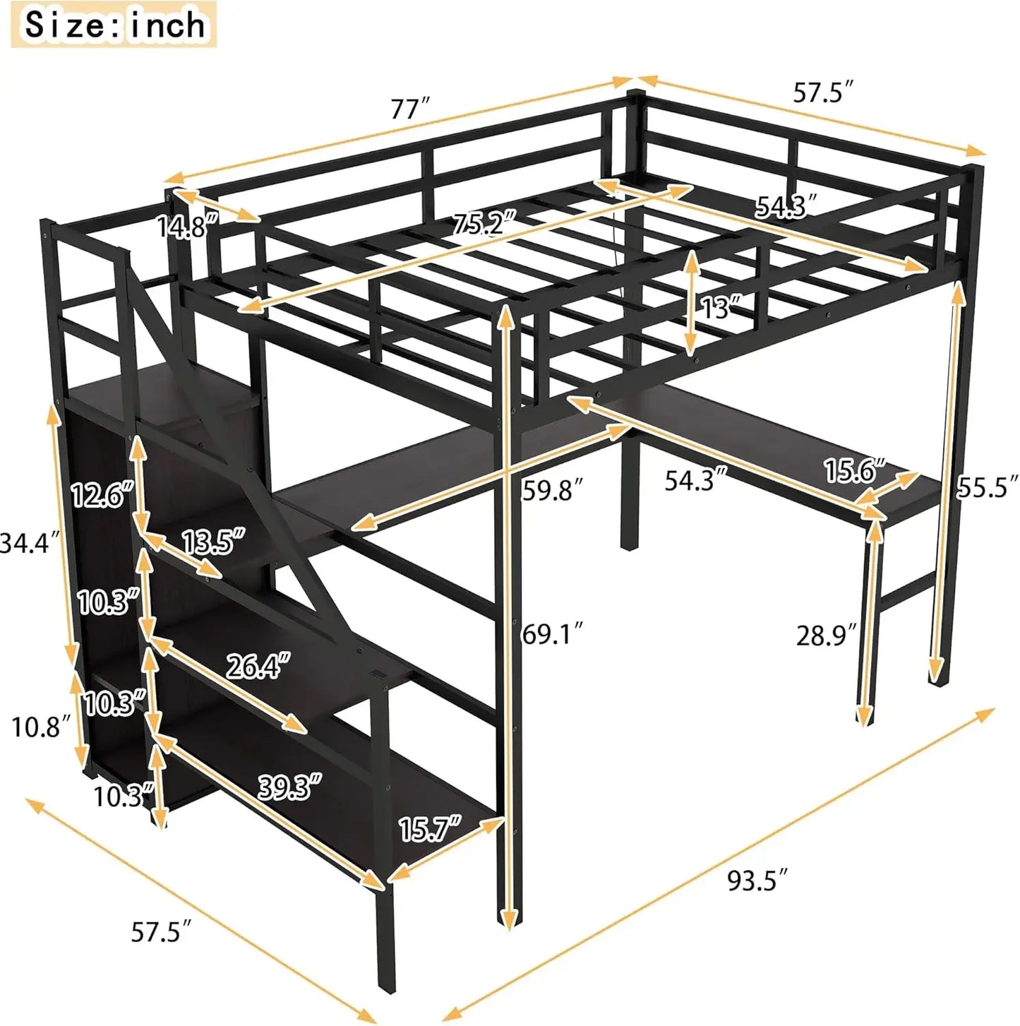 Full Size Loft Bed w/Desk Storage Stairs & Wardrobe Full Loft Bed w/Charging Station(USB & Outlets)