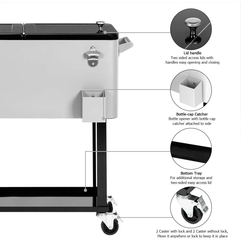 VINGLI Grey 80 Quart Rolling Ice Chest,Portable Patio Party Bar Drink Cooler Cart, w/Shelf