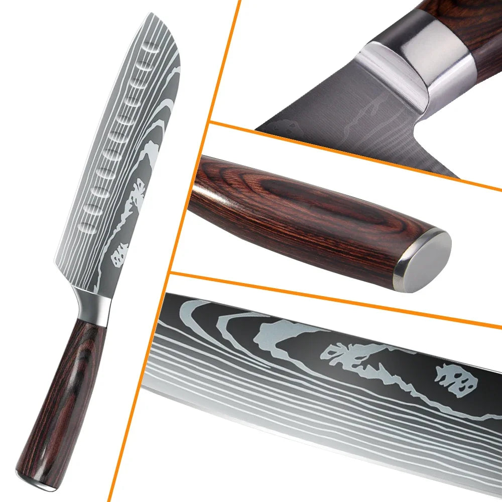 MDHAND 8/10pcs Kitchen Knives Set Laser Damascus Pattern Chef Knife High Carbon Stainless Steel