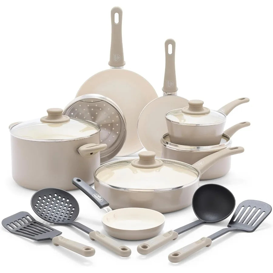 16 Piece Nonstick Cookware Set w/Soft Grip Handles for Everyday Cooking NonToxic PFAS-Free Ceramic