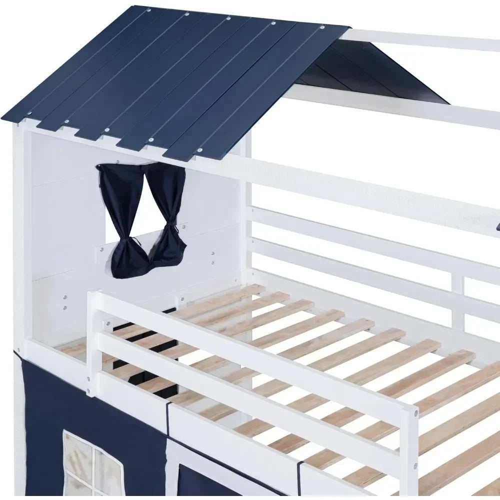 House Twin Loft Bunk Bed with Tent,Kids Twin Loft Bed with Ladders Guardrail  Windows & Roof Wood